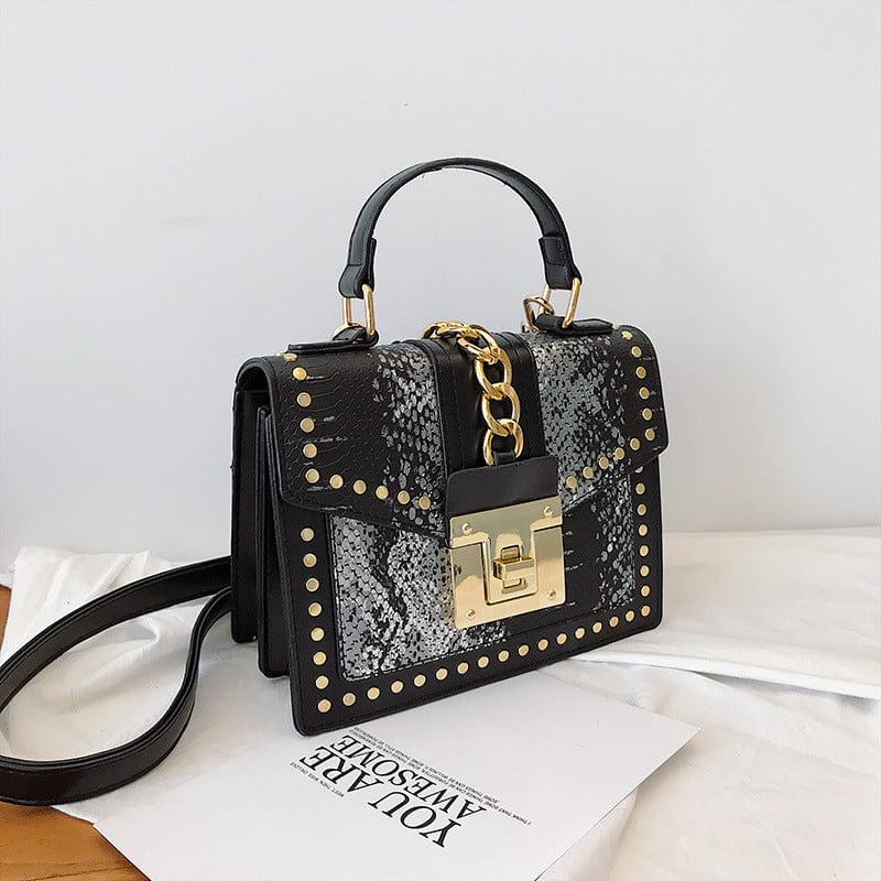 guangzhou custom logo designer hand bag ladies shoulder lock rivet pu serpentine leather square fashion women purse handbag