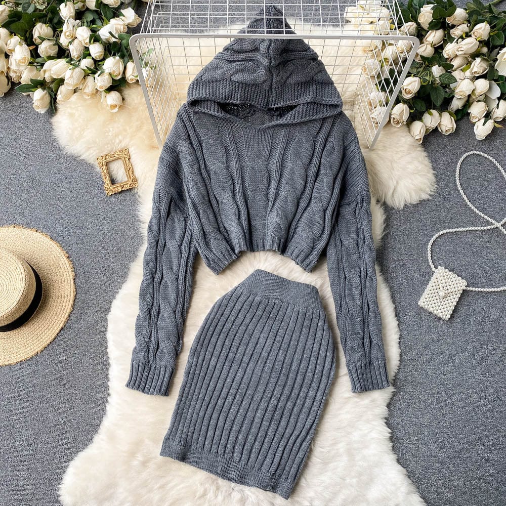 GX01M82 Autumn Winter Female Long Sleeve Mini Pencil Knitted Skirts Crop Tops Casual Hooded Sweaters 2 Piece Set Women's Set