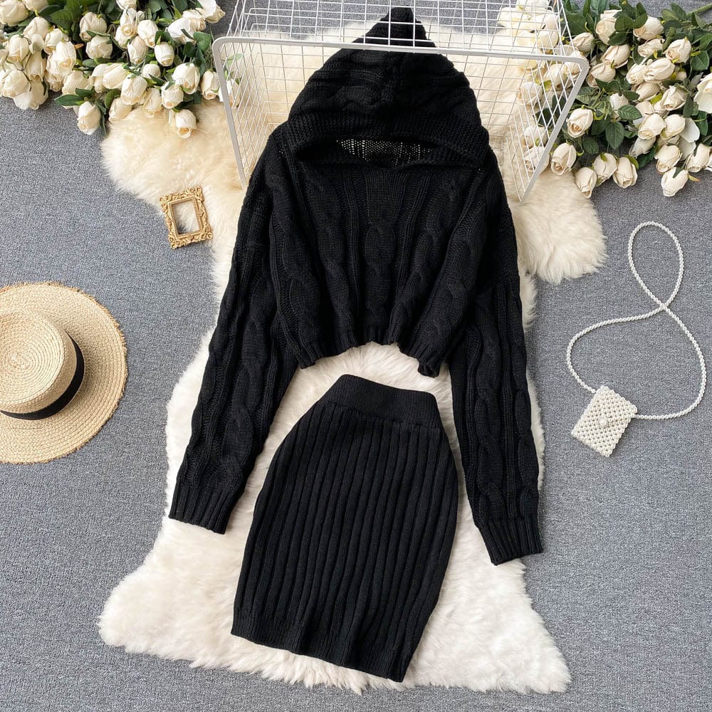 GX01M82 Autumn Winter Female Long Sleeve Mini Pencil Knitted Skirts Crop Tops Casual Hooded Sweaters 2 Piece Set Women's Set