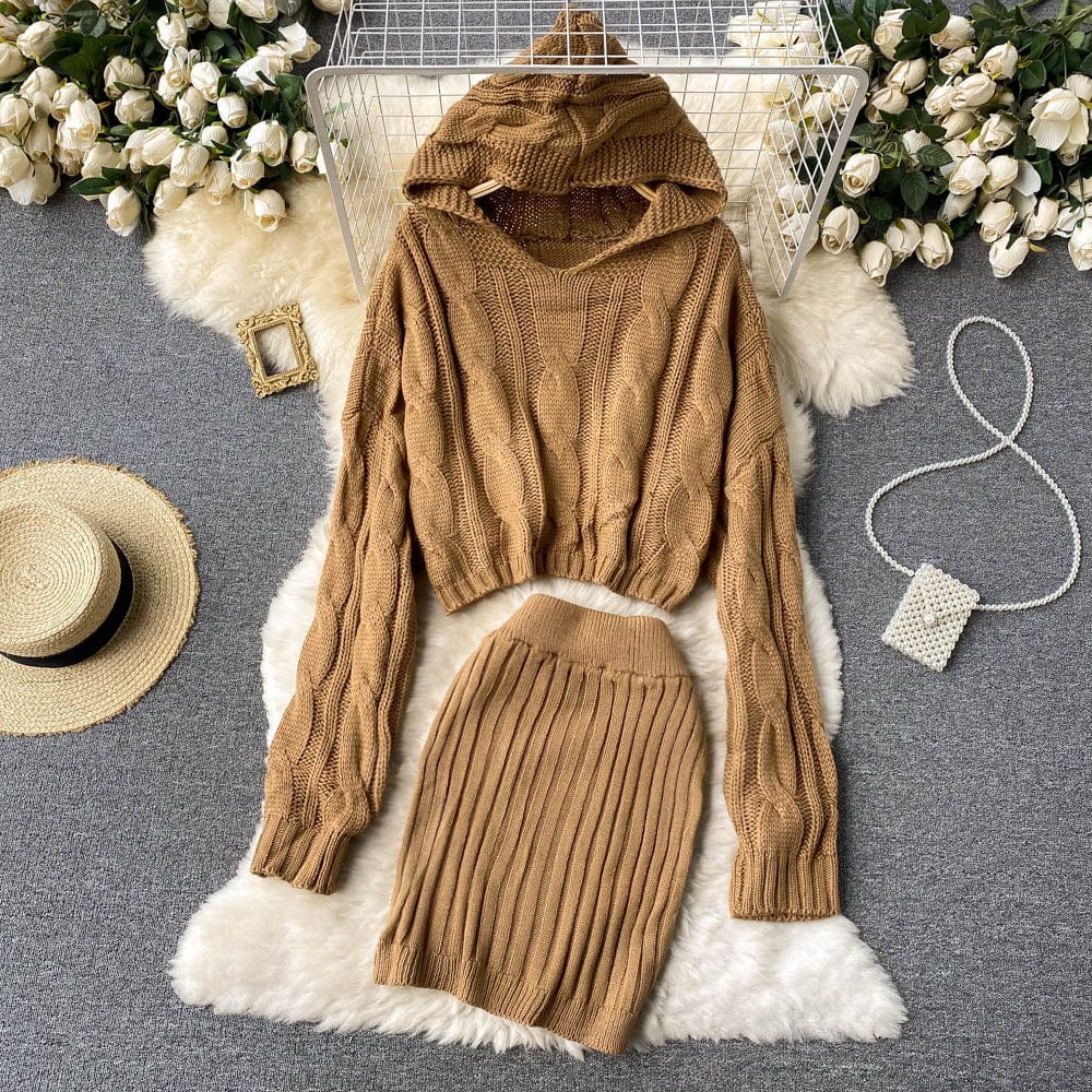 GX01M82 Autumn Winter Female Long Sleeve Mini Pencil Knitted Skirts Crop Tops Casual Hooded Sweaters 2 Piece Set Women's Set