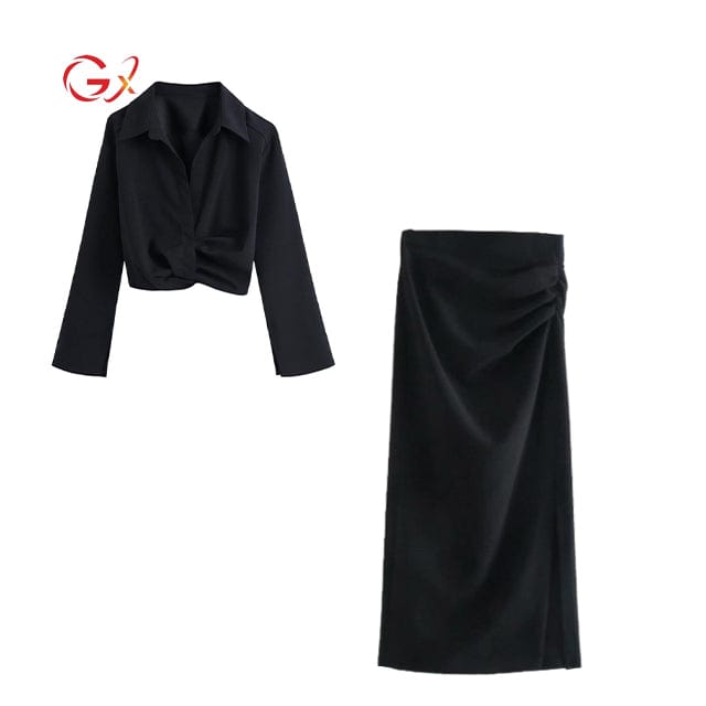 GX06878 Boutique Fashion Street Wear Women Elegant Lapel Long Sleeve Shirt and Slit Long Skirt Matching 2 Piece Set