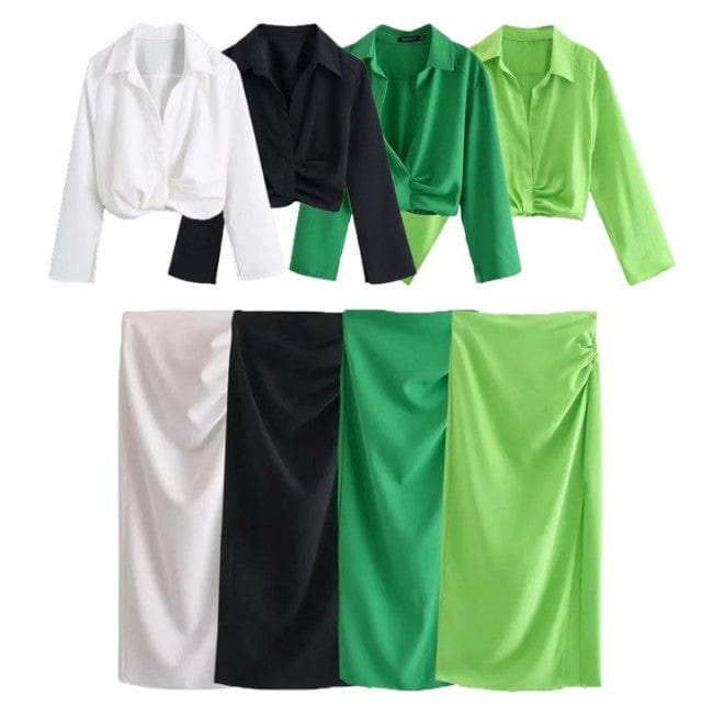 GX06878 Boutique Fashion Street Wear Women Elegant Lapel Long Sleeve Shirt and Slit Long Skirt Matching 2 Piece Set