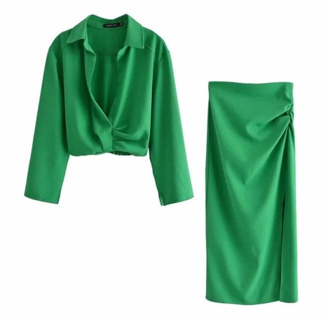 GX06878 Boutique Fashion Street Wear Women Elegant Lapel Long Sleeve Shirt and Slit Long Skirt Matching 2 Piece Set
