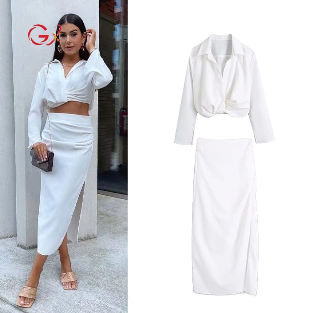 GX06878 Boutique Fashion Street Wear Women Elegant Lapel Long Sleeve Shirt and Slit Long Skirt Matching 2 Piece Set
