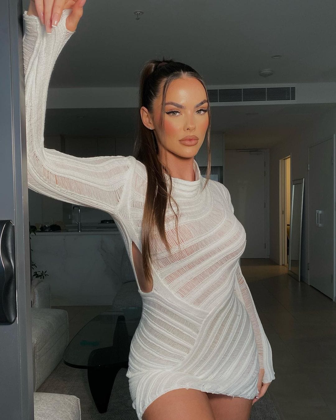 GX0928 Fashion solid color long sleeve hollow dress sexy tight party see through elegant mini knit dresses