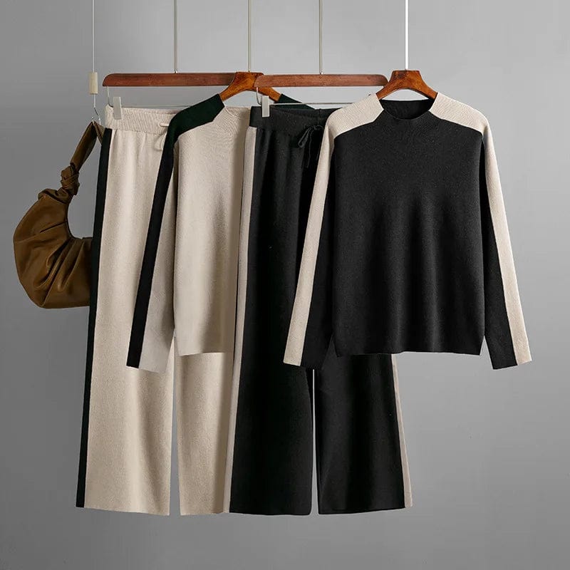 GX1039 Fall Winter Women Casual Color Patchwork Long Sleeve Sweater Tops and Pant Women Knit Street Wear 2 Piece Set