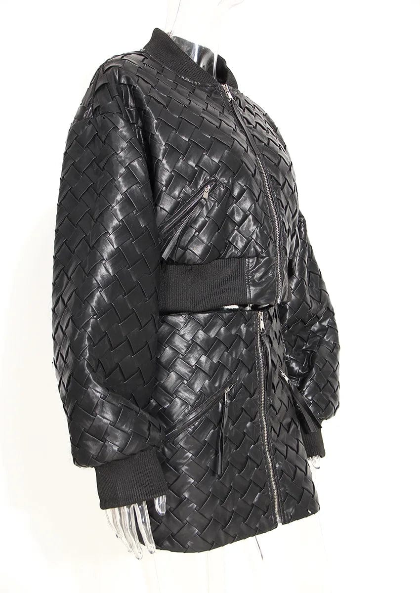 GX1980 Luxury Quality Autumn Winter Fashion Black Woven Design Long Sleeve Elegant Coat Zippered PU Leather Cropped Jacket Women