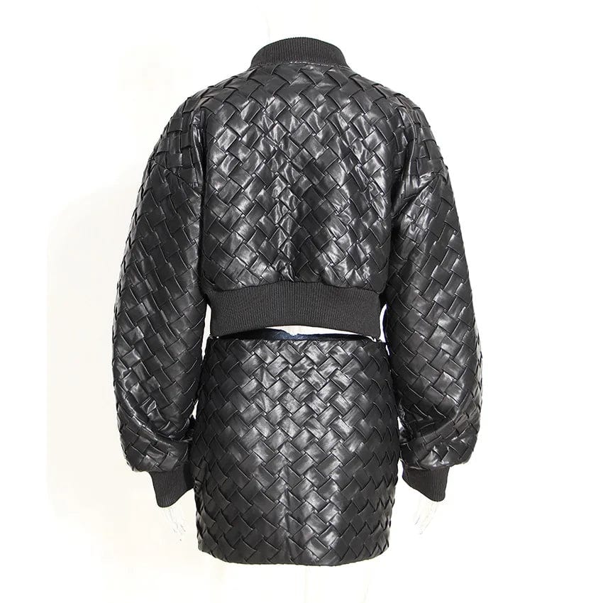 GX1980 Luxury Quality Autumn Winter Fashion Black Woven Design Long Sleeve Elegant Coat Zippered PU Leather Cropped Jacket Women