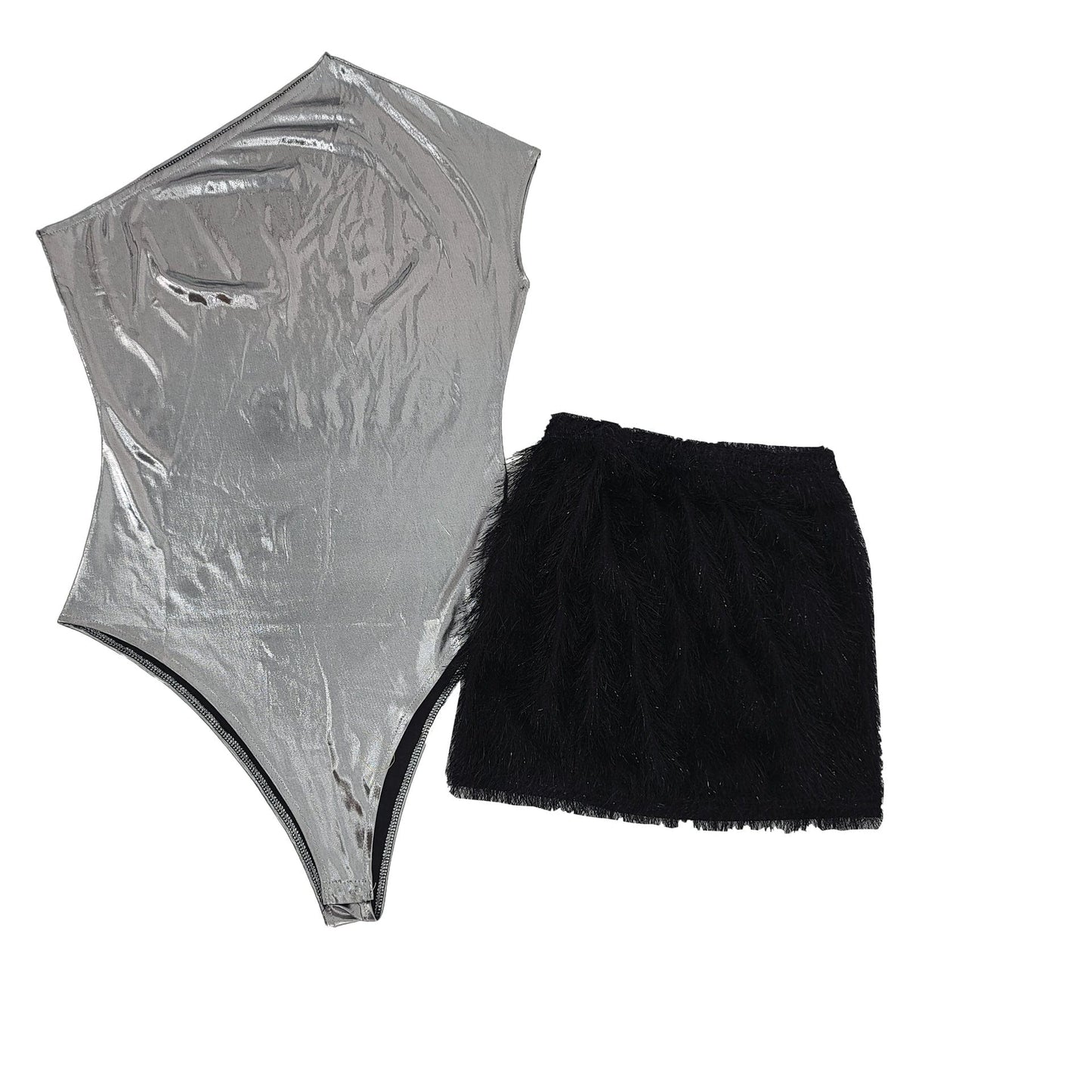 GX238A Hot sales two piece sets summer for women clothing 2023 single shoulder bright bodysuit and fuzzy mini skirt sets