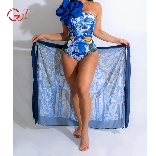 GX2529 Fashion Women Elegant Bodysuits Vendors 3D Big Three-dimensional Flower Swimsuit Sexy Swimwear and Cover Ups 2 Piece Set