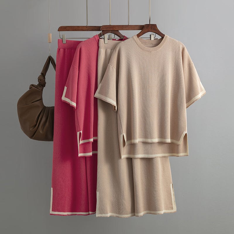 GX3204 Good Quality 2023 Women's Knit Outfit Spring Summer Casual Short Sleeve Loose Tops and Wide-leg Pants 2 Piece Set