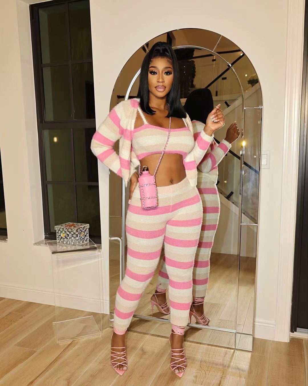 GX6299 Fashion 2023 Fall Winter Knit Matching Suit Women Strip Long Sleeve Jacket Crop Top and Skinny Pant Knitted 3 Piece Set