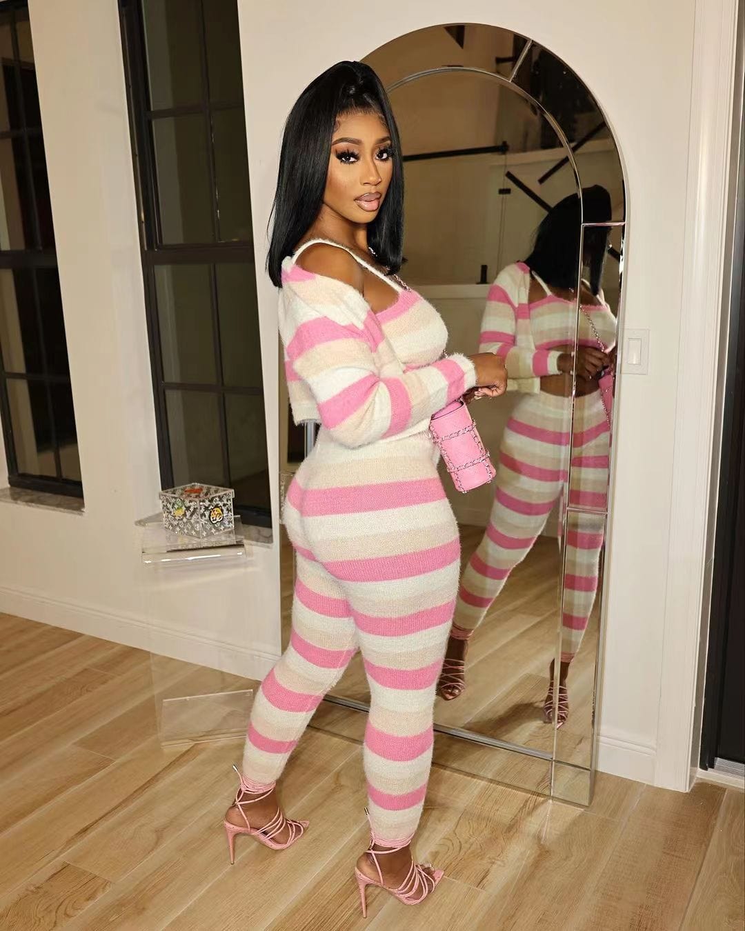 GX6299 Fashion 2023 Fall Winter Knit Matching Suit Women Strip Long Sleeve Jacket Crop Top and Skinny Pant Knitted 3 Piece Set