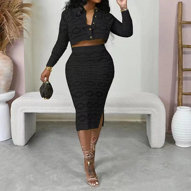 GX6301 fashion street wear knit hand hook pattern design fall outfit women long sleeve cropped shirt and skirts 2 piece set