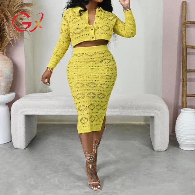 GX6301 fashion street wear knit hand hook pattern design fall outfit women long sleeve cropped shirt and skirts 2 piece set