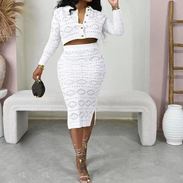 GX6301 fashion street wear knit hand hook pattern design fall outfit women long sleeve cropped shirt and skirts 2 piece set