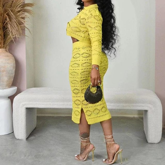 GX6301 fashion street wear knit hand hook pattern design fall outfit women long sleeve cropped shirt and skirts 2 piece set