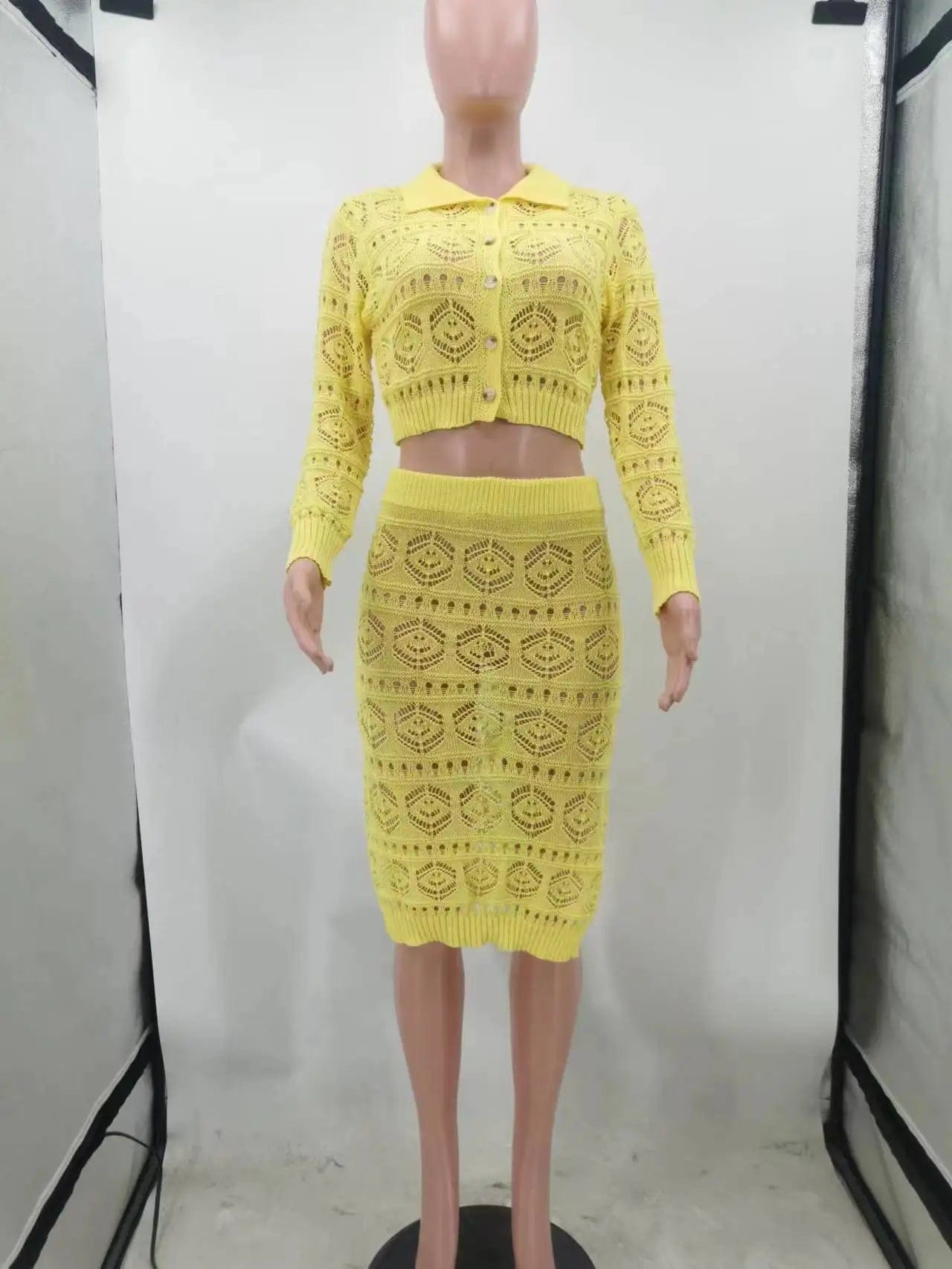 GX6301 fashion street wear knit hand hook pattern design fall outfit women long sleeve cropped shirt and skirts 2 piece set