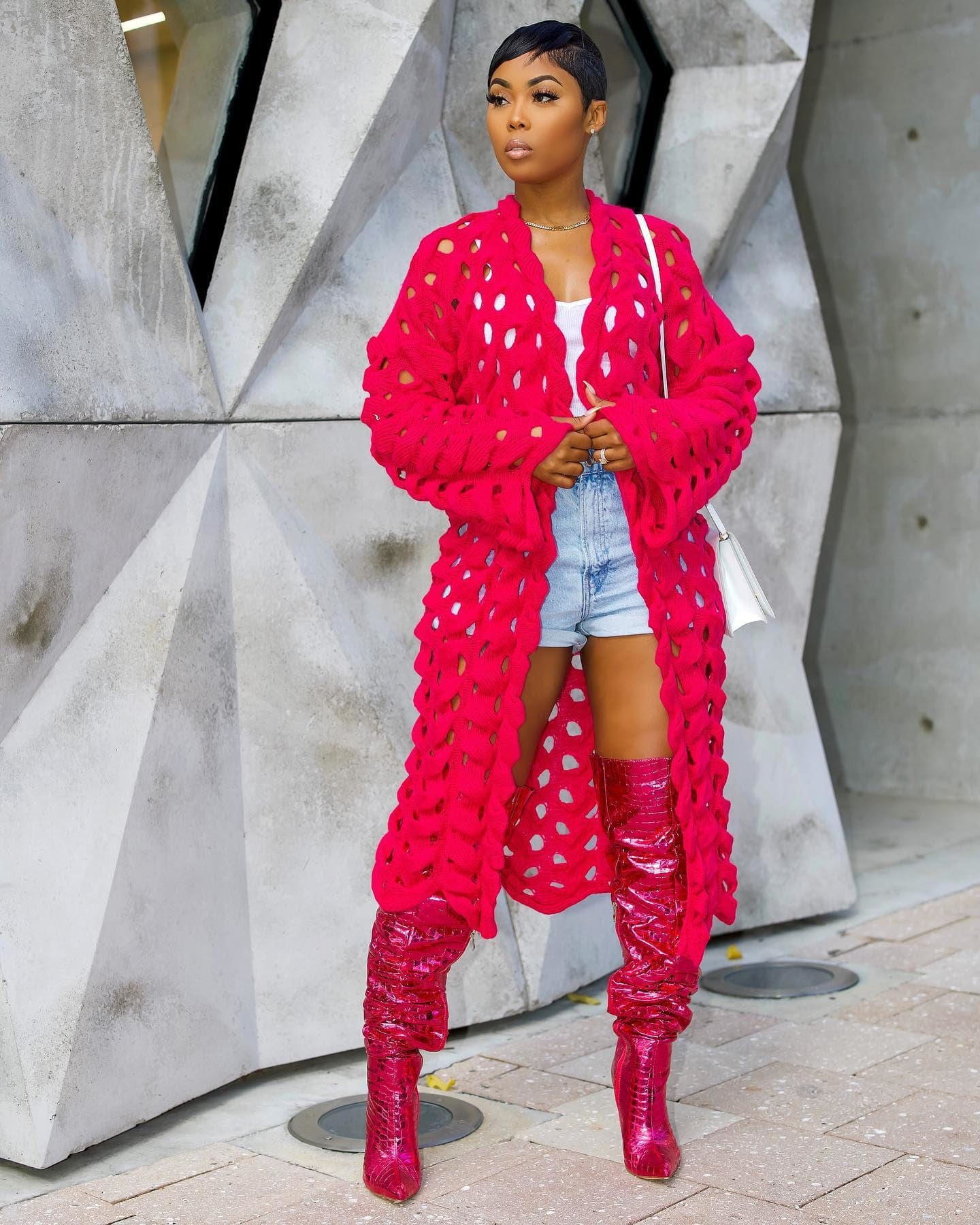 GX648 Sexy Women New Fashion Full Sleeve Ladies Sweater Coat Elegant Street Wear Hollow Out Women Cardigan Long Jacket