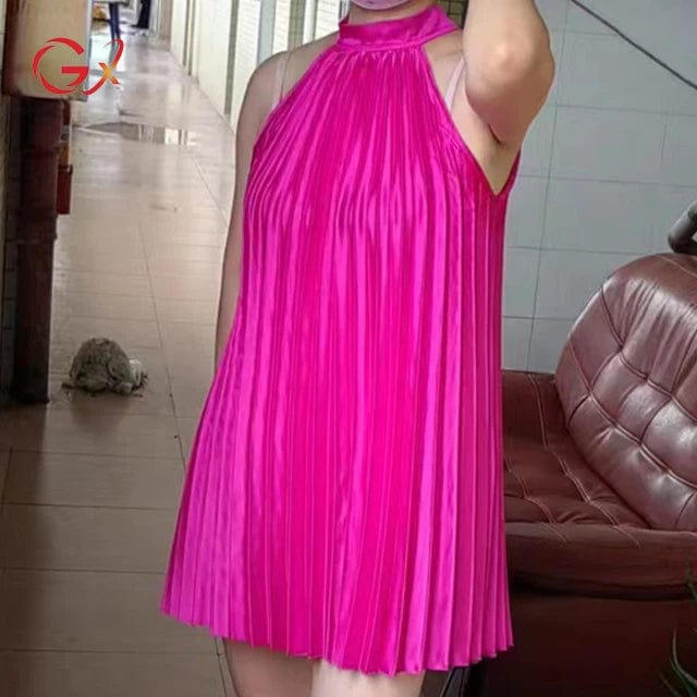 GX8328S Summer Sexy Style Elegant Mini Dresses Sleeveless Casual Women's Pleated Dress