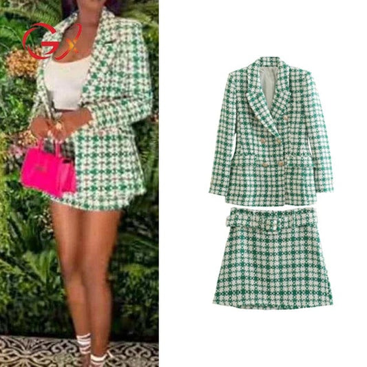 GX8396 Fashion boutique elegant women clothing street wear long sleeve double breasted blazer and mini knitted skirt 2 piece set