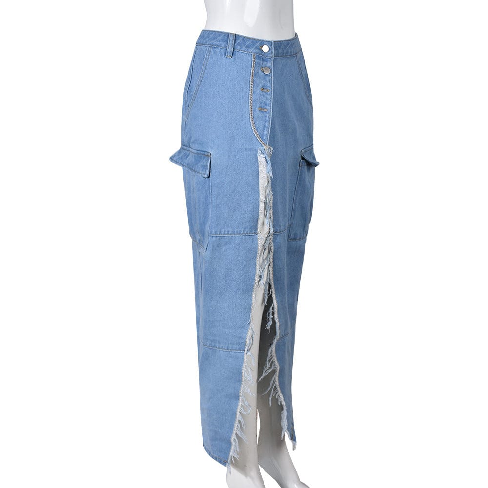 GX9150 Wholesale 2023 Women's spring autumn new fashion personality washable pocket high slit jeans denim long skirt