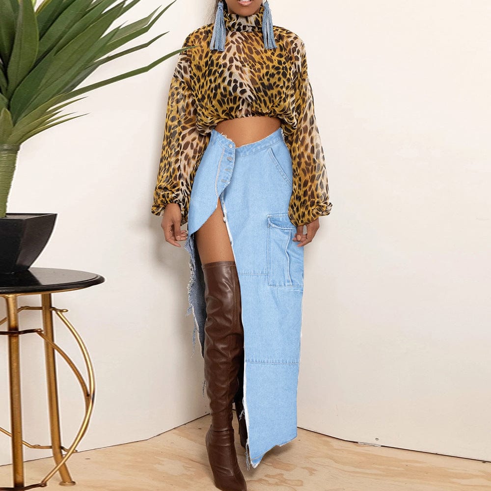 GX9150 Wholesale 2023 Women's spring autumn new fashion personality washable pocket high slit jeans denim long skirt
