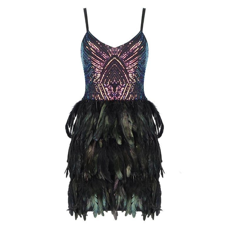 H1106 Hot Sale On Amazon Spaghetti Strap Sequins Feathers Women Sexy Dresses Night Club Party