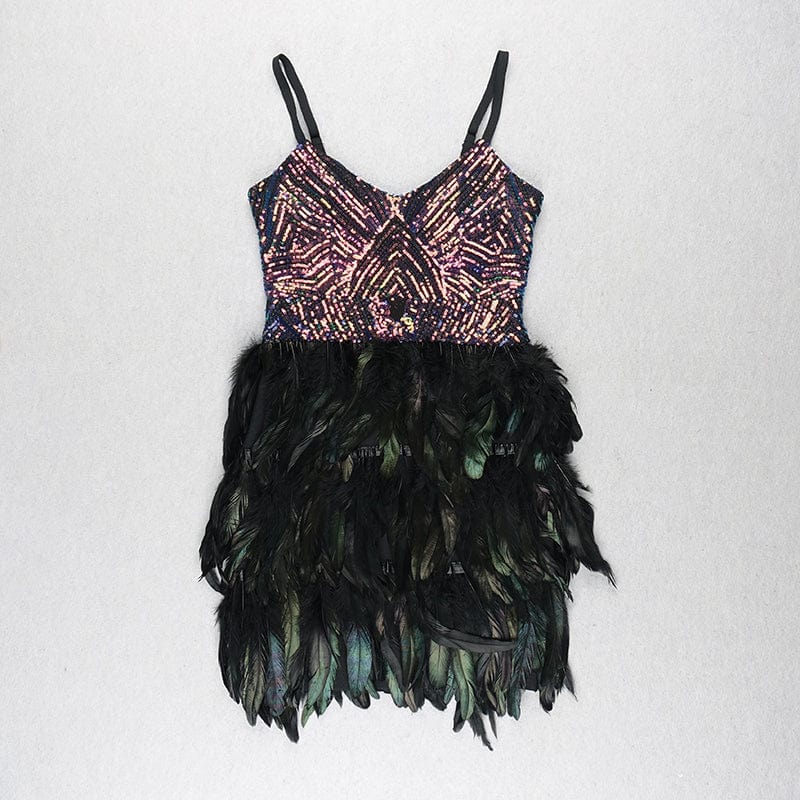 H1106 Hot Sale On Amazon Spaghetti Strap Sequins Feathers Women Sexy Dresses Night Club Party