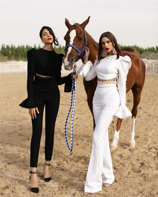 H1162 Elegant Bandage Hollow-Out Design O-Neck Long Flare Cutout Sleeve Solid Color Lace Jumpsuit