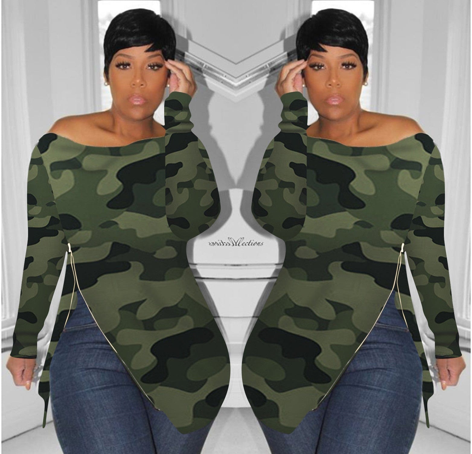 H1245 Camouflage print shoulder Plus Size Women T-shirt Autumn/Winter new T-shirt women