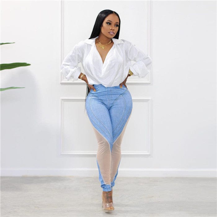 H1621-2023 new sexy mesh patchwork tight jeans pant high street style pants women