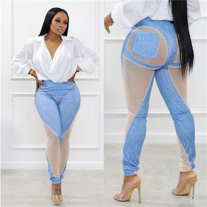 H1621-2023 new sexy mesh patchwork tight jeans pant high street style pants women
