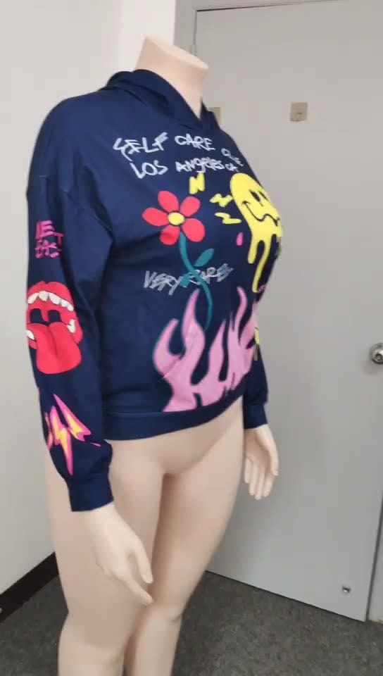 H2161 wholesale fall plus size women's hoodies & sweatshirts high street graffiti hoodie fashion sweaters streetwear