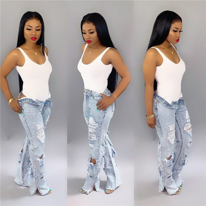 H2602-Latest design women fall clothing high waisted ripped jeans women denim jeans pants