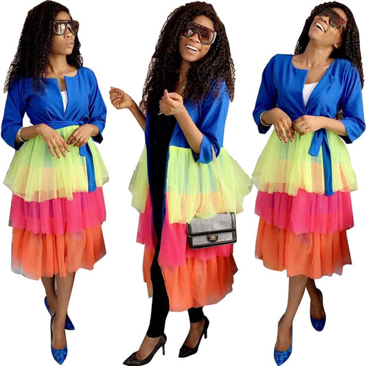 HA5266 - women stylish mesh patch ruffles long sleeve dress