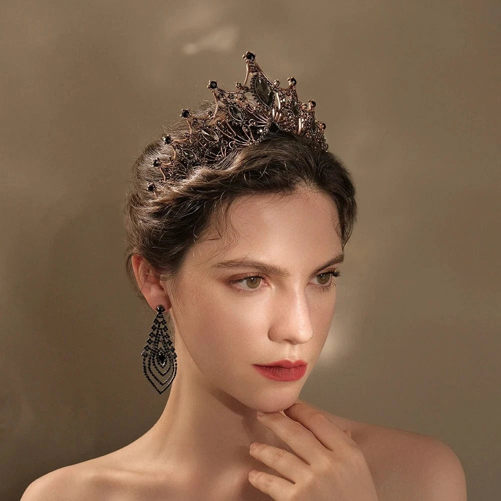 Halloween Antique Red Copper Black Rhinestone Woman Crown Wedding Party Performance Hair Accessories