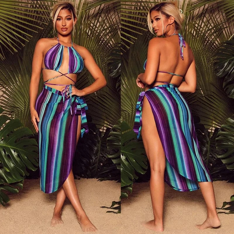 Halter Bandage 3 Piece Bikini Set Women Swimwear 2023 Trend Beach Cover Up African totem print Bikinis with Skirt Sexy Swimsuit