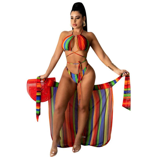 Halter Bandage 3 Piece Bikini Set Women Swimwear 2023 Trend Beach Cover Up African totem print Bikinis with Skirt Sexy Swimsuit