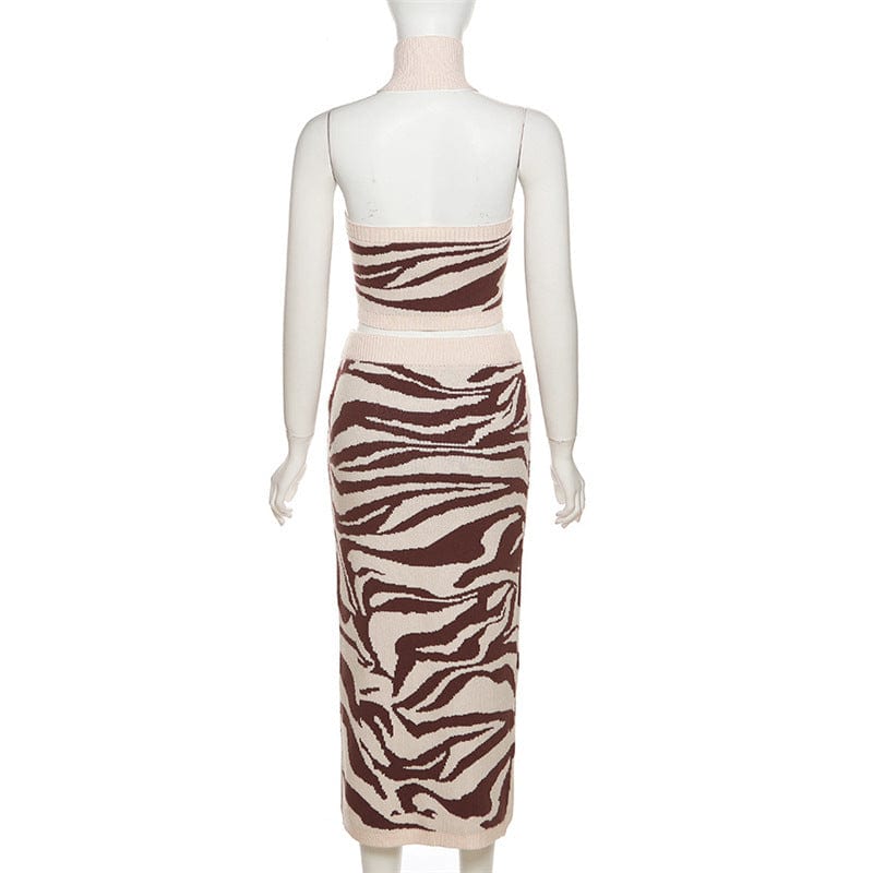 Halter Crop Top Midi Skirt Sweater Set Spring 2 Piece Sweater Skirt Two Piece Set Women Clothing Crop Top Skirt Set