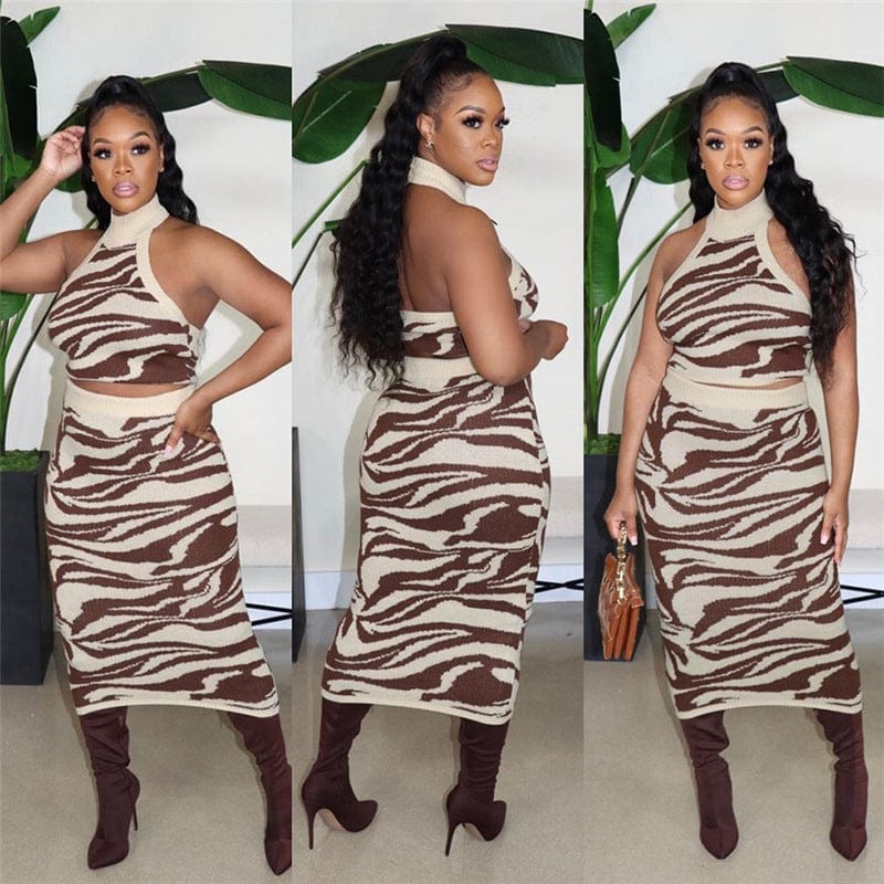Halter Crop Top Midi Skirt Sweater Set Spring 2 Piece Sweater Skirt Two Piece Set Women Clothing Crop Top Skirt Set