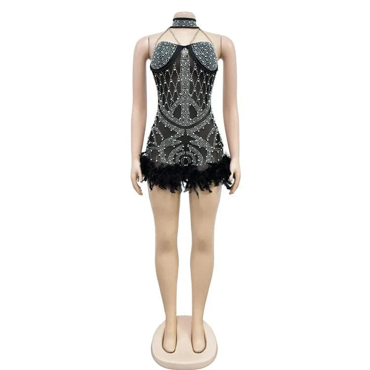 Halter Neck Crystal Mesh Romper Dress Glam Feather Patchwork Rhinestone Bodysuits Jumpsuits