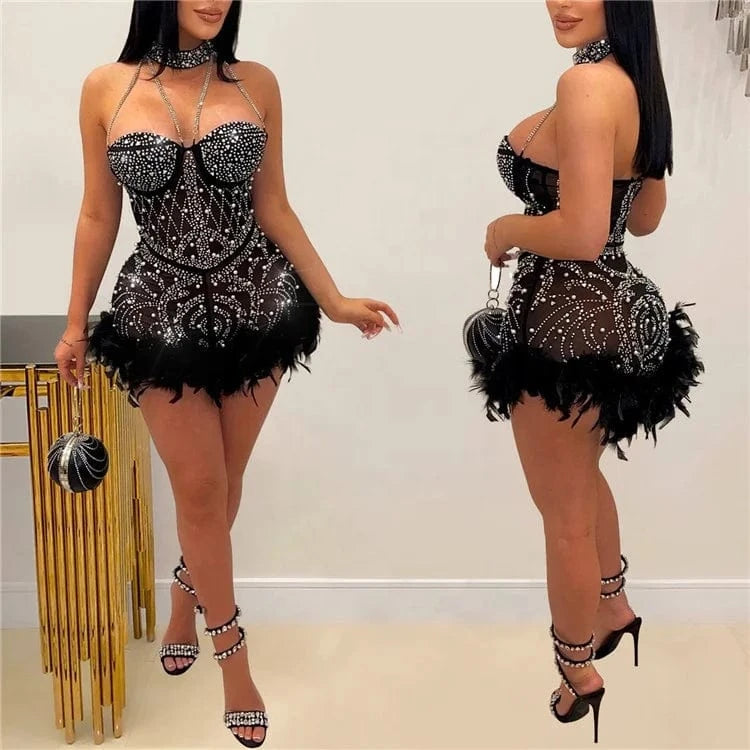 Halter Neck Crystal Mesh Romper Dress Glam Feather Patchwork Rhinestone Bodysuits Jumpsuits