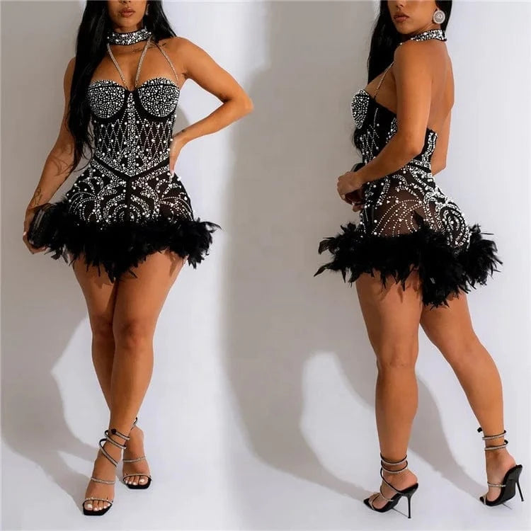 Halter Neck Crystal Mesh Romper Dress Glam Feather Patchwork Rhinestone Bodysuits Jumpsuits
