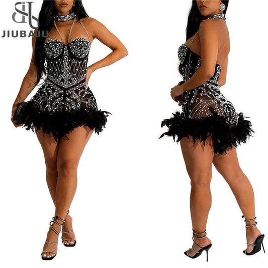 Halter Neck Crystal Mesh Romper Dress Glam Feather Patchwork Rhinestone Bodysuits Jumpsuits
