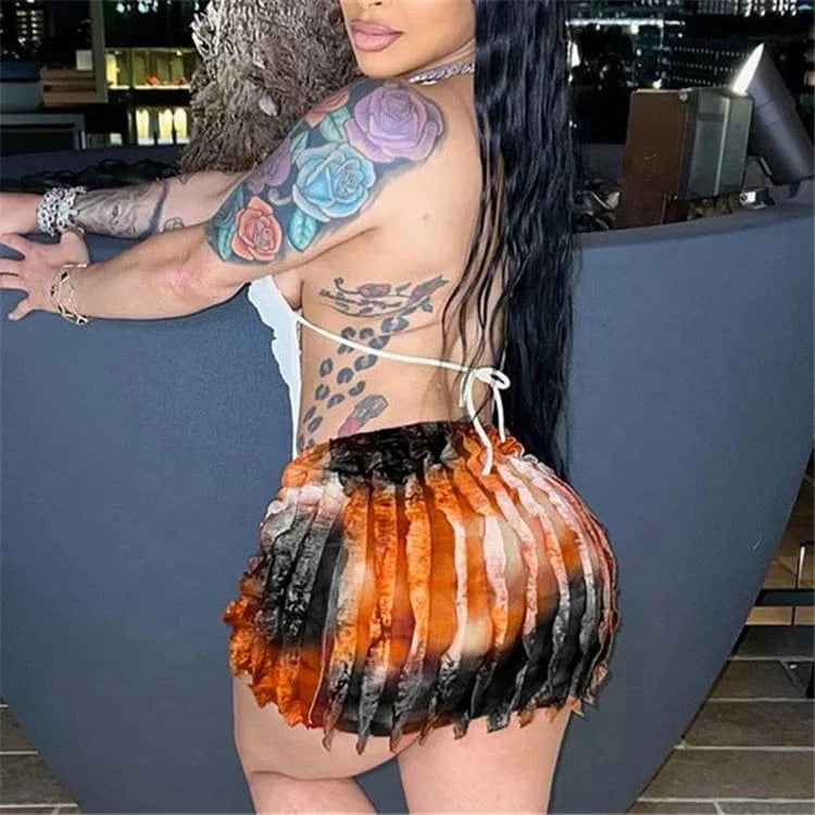 Halter Strap Backless Belly Pocket Mini Straight Pleated Cow Blinds Skirt Set Spicy Girls Sexy Party Dress 2Pcs