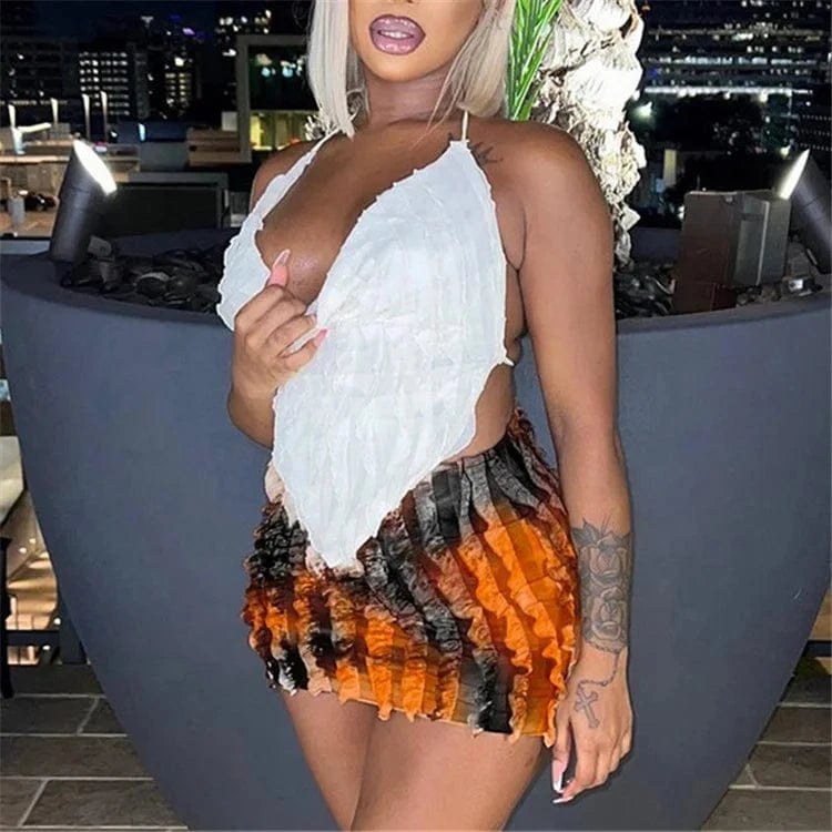 Halter Strap Backless Belly Pocket Mini Straight Pleated Cow Blinds Skirt Set Spicy Girls Sexy Party Dress 2Pcs