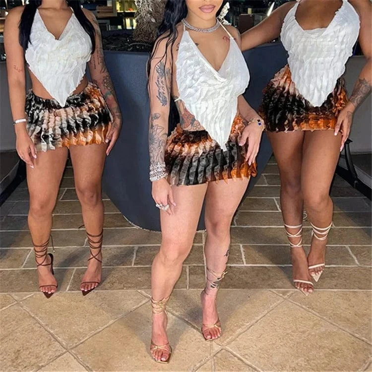 Halter Strap Backless Belly Pocket Mini Straight Pleated Cow Blinds Skirt Set Spicy Girls Sexy Party Dress 2Pcs