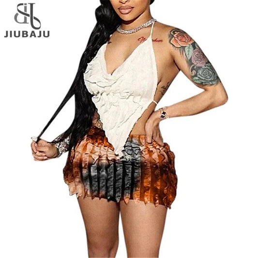 Halter Strap Backless Belly Pocket Mini Straight Pleated Cow Blinds Skirt Set Spicy Girls Sexy Party Dress 2Pcs