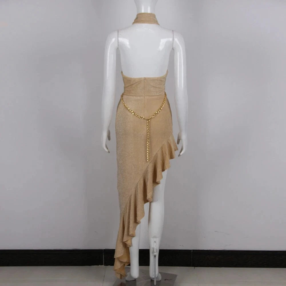 Halter Woman Dress Sexy Backless New Style Summer Ruffles Wrap Hip Long Vestidos Fashion Party Irregular Chain Evening Dresses